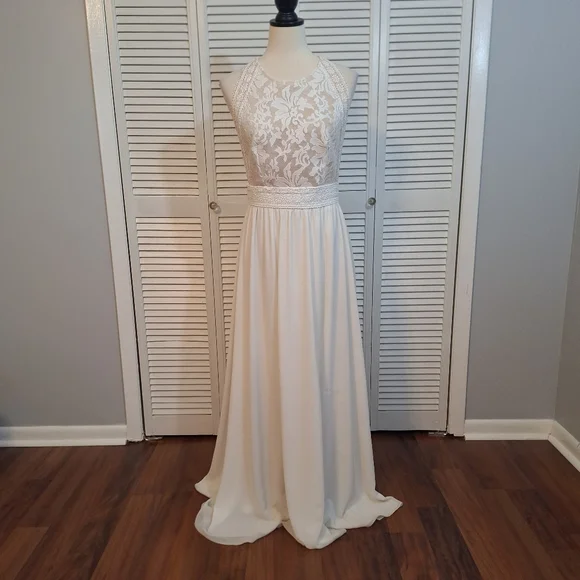 Lulu's ivory nude lace chiffon maxi dress medium *D4 - Picture 7 of 12